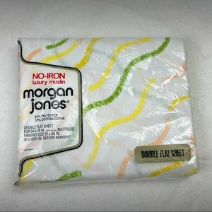 Vintage Morgan Jones Double Flat Sheet White Waves Lines Yellow Green Muslin NIP